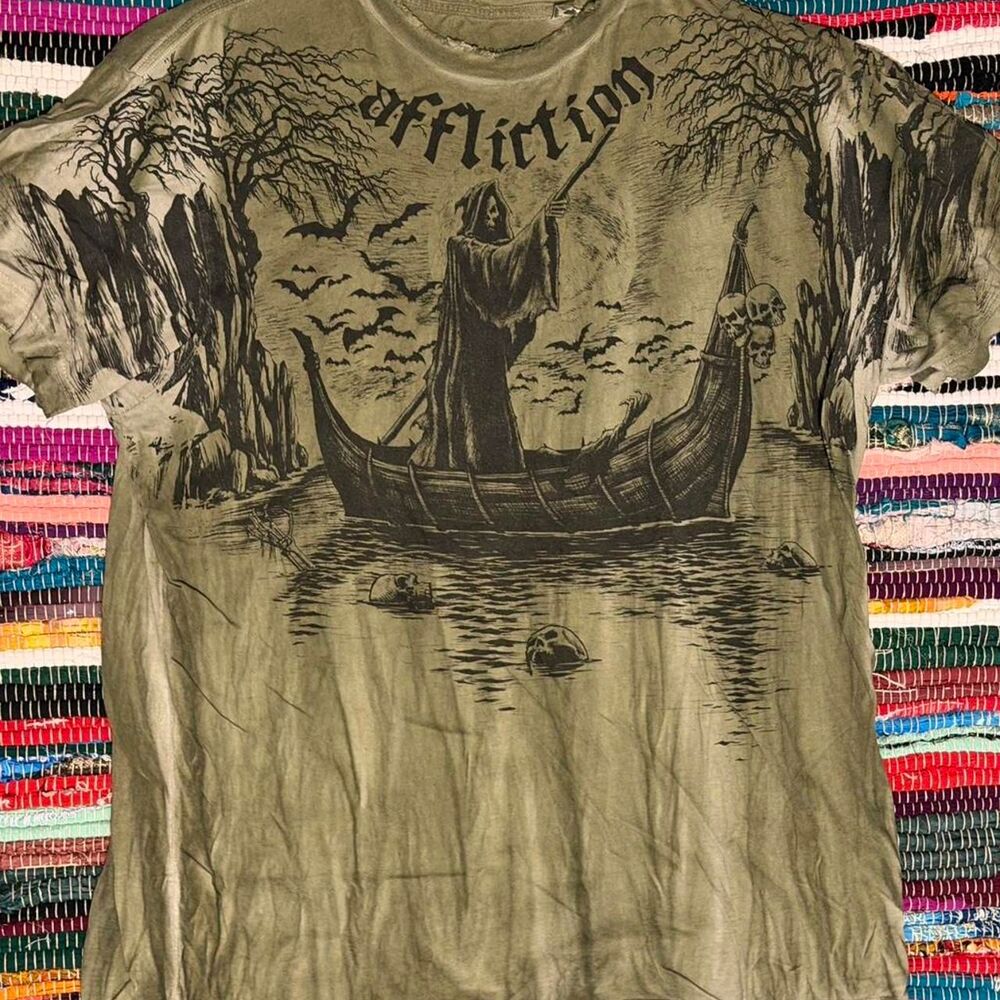 Affliction Men's Green and Khaki T-shirt